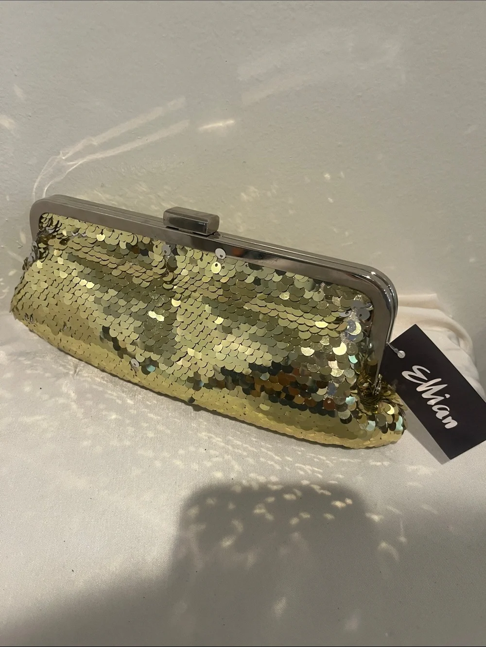 Gold Sequin Evening Clutch with Silver Frame